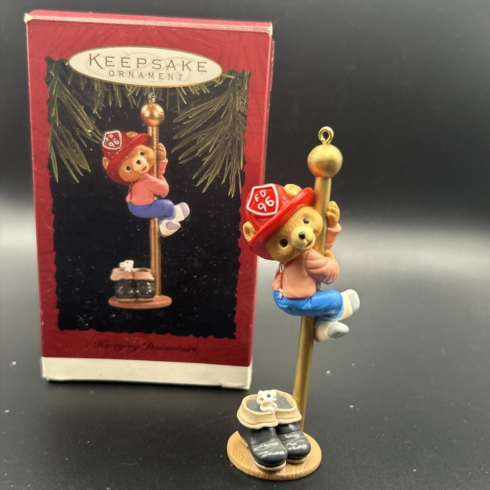 Vintage Hallmark Christmas Ornament Hurrying Downstairs Teddy Bear Firefighter